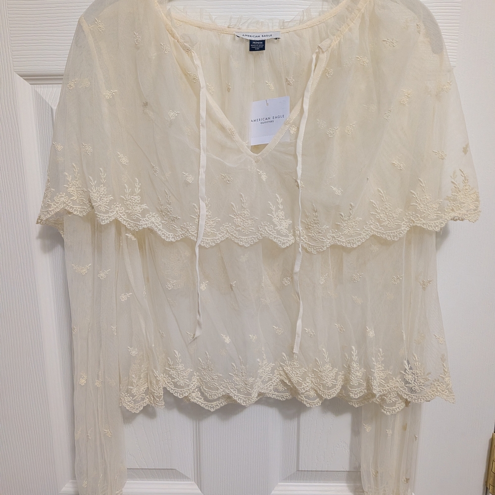 American Eagle Outfitters Cream Sheer Lace Peasant Blouse